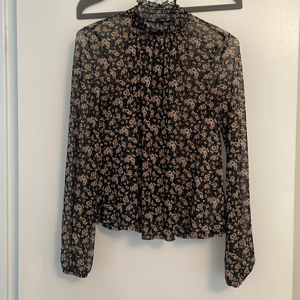 Long sleeve mesh sheer floral mock neck top